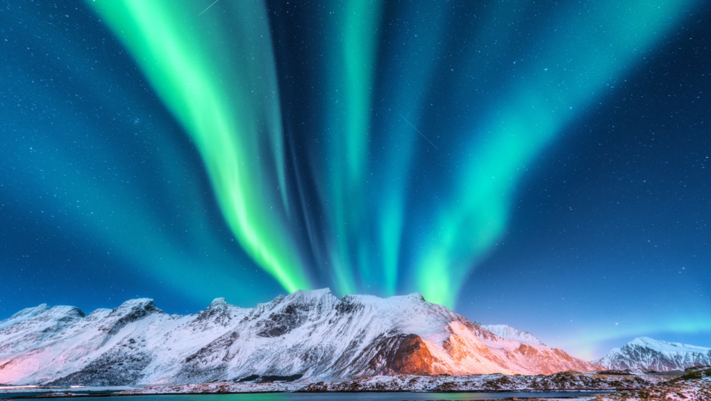Aurora borealis, Northern Lights, Lofoten islands, Norway, Shutterstock